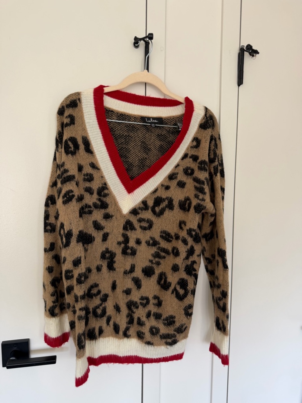 Lulu's Leopard-Print V-Neck Sweater with Red & Cream Trim